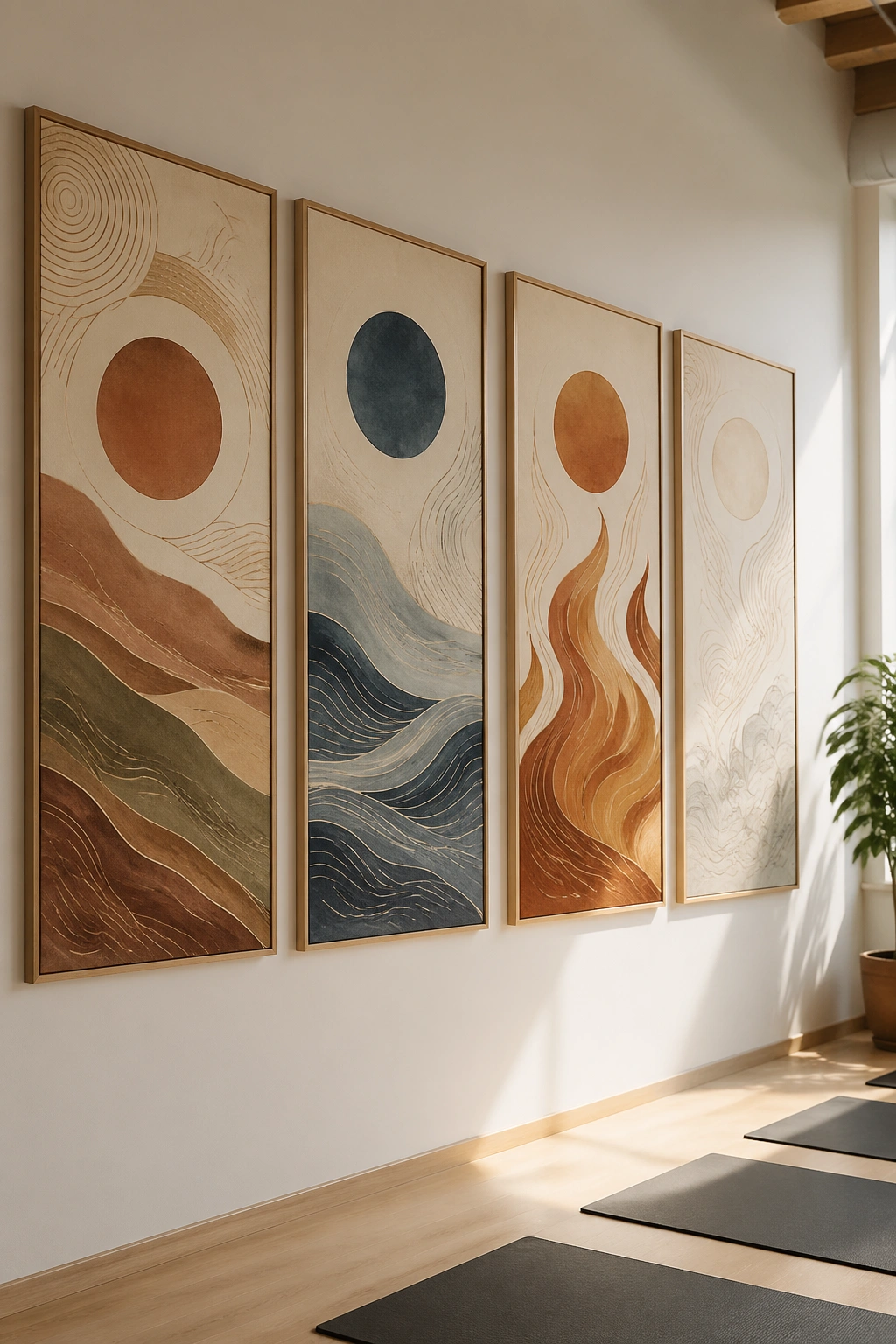 Four-panel wall series of abstract element posters in a yoga studio