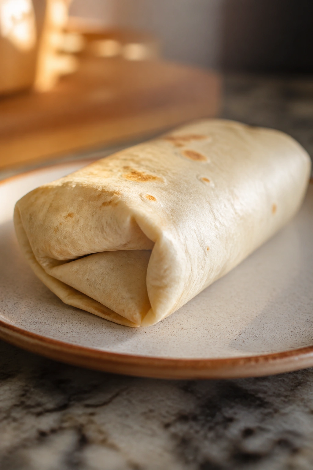 Close-up of breakfast burrito on a plate in a kitchen