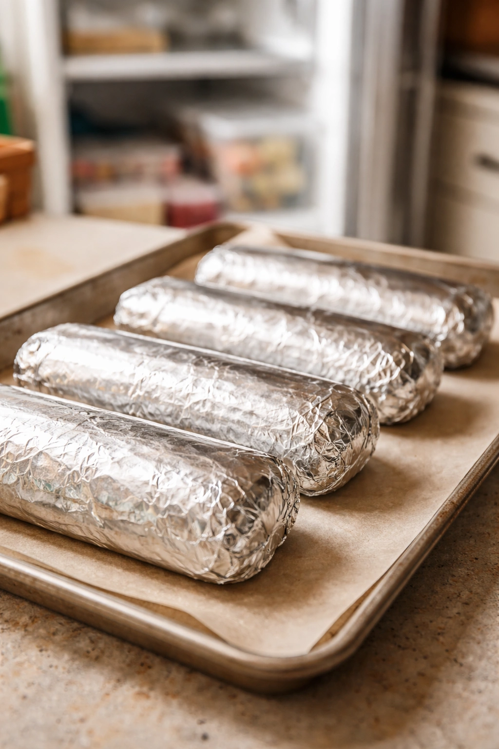 Row of wrapped burritos on a parchment tray ready to freeze.