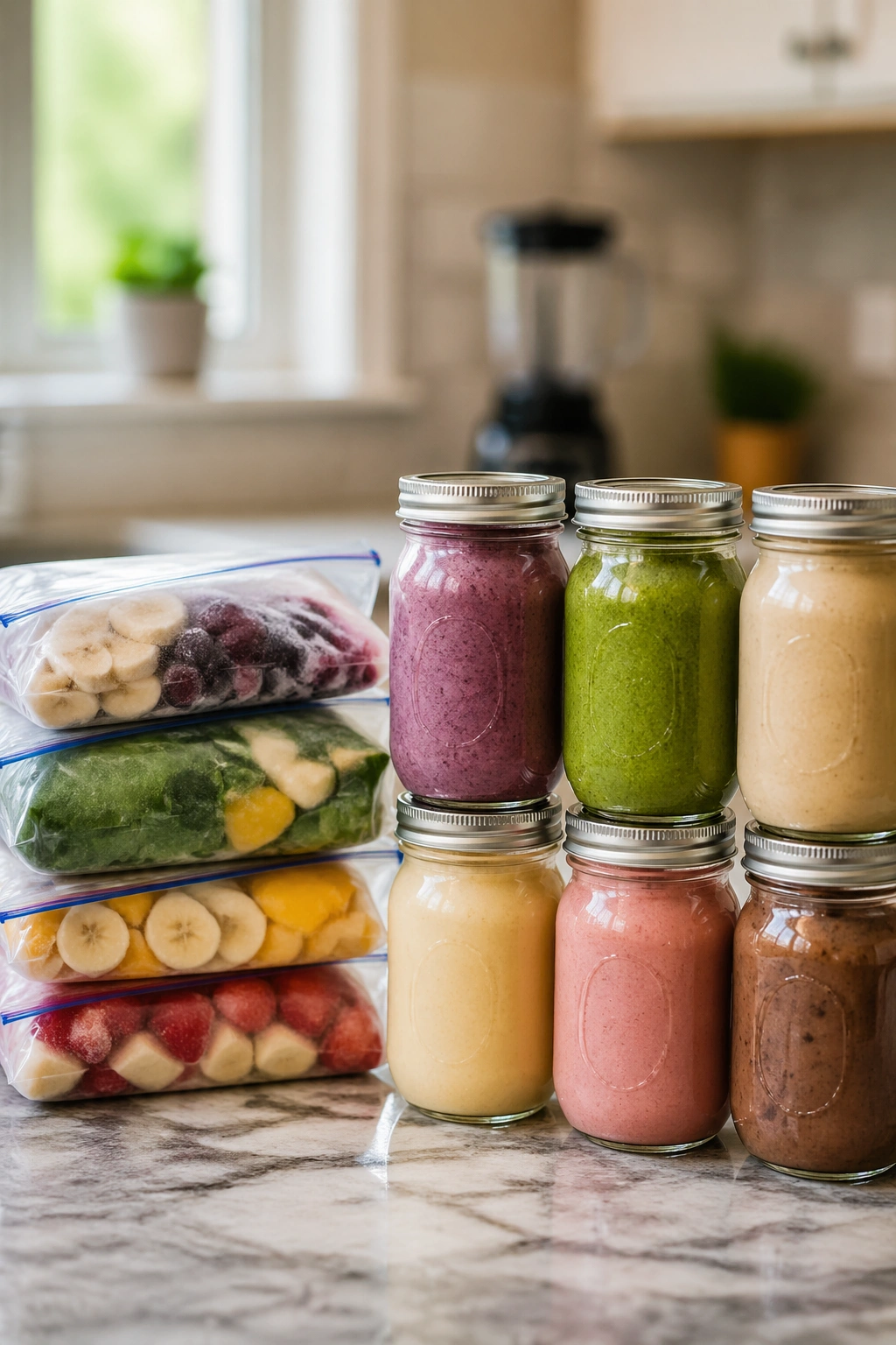Close-up of freezer packs and fridge jars on kitchen counter