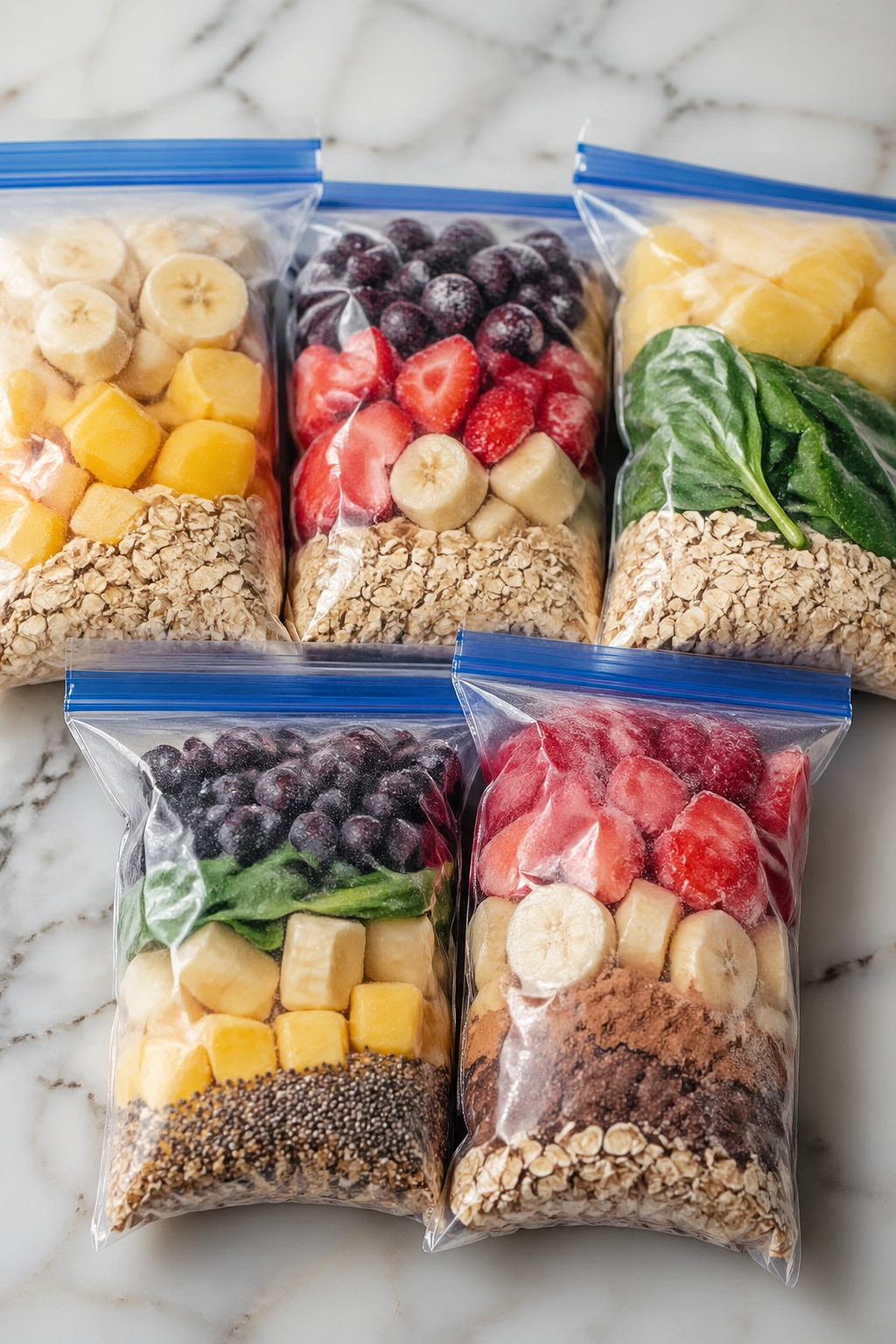 Five freezer packs for fast mornings arranged on a kitchen counter