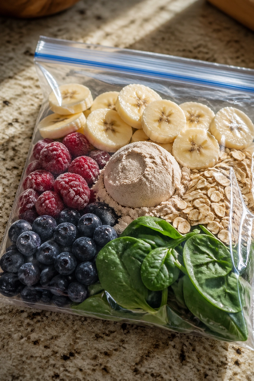 Freezer smoothie pack on a kitchen counter showing oats, berries, spinach, banana, and protein powder
