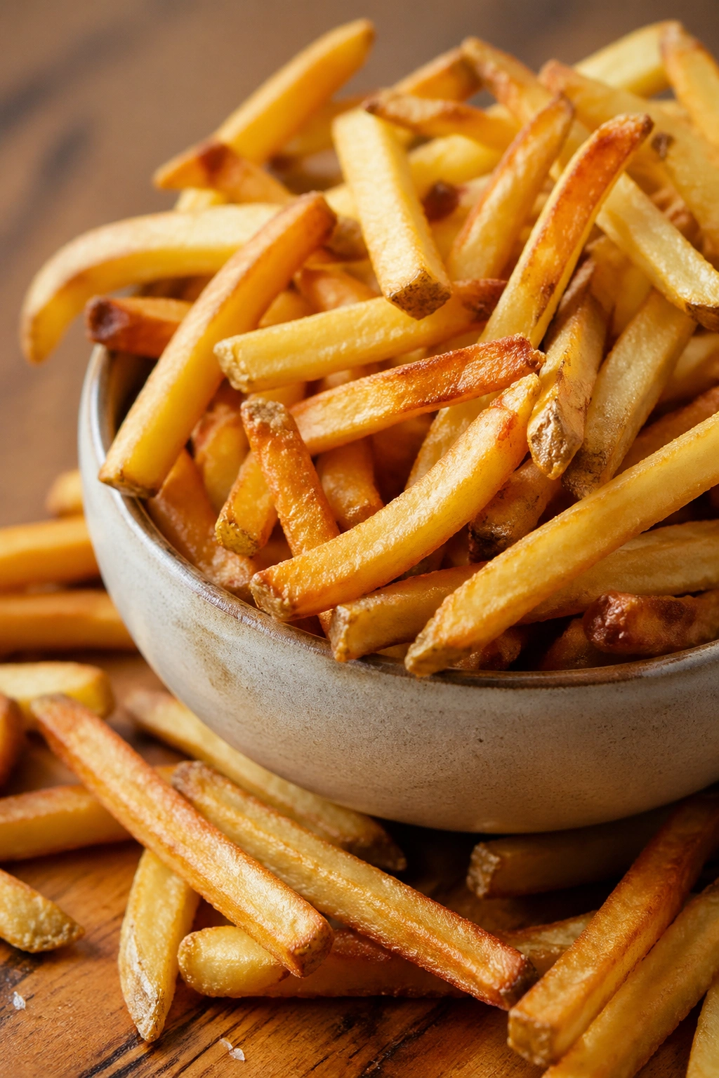 Close-up of crispy french fries on a wooden table.