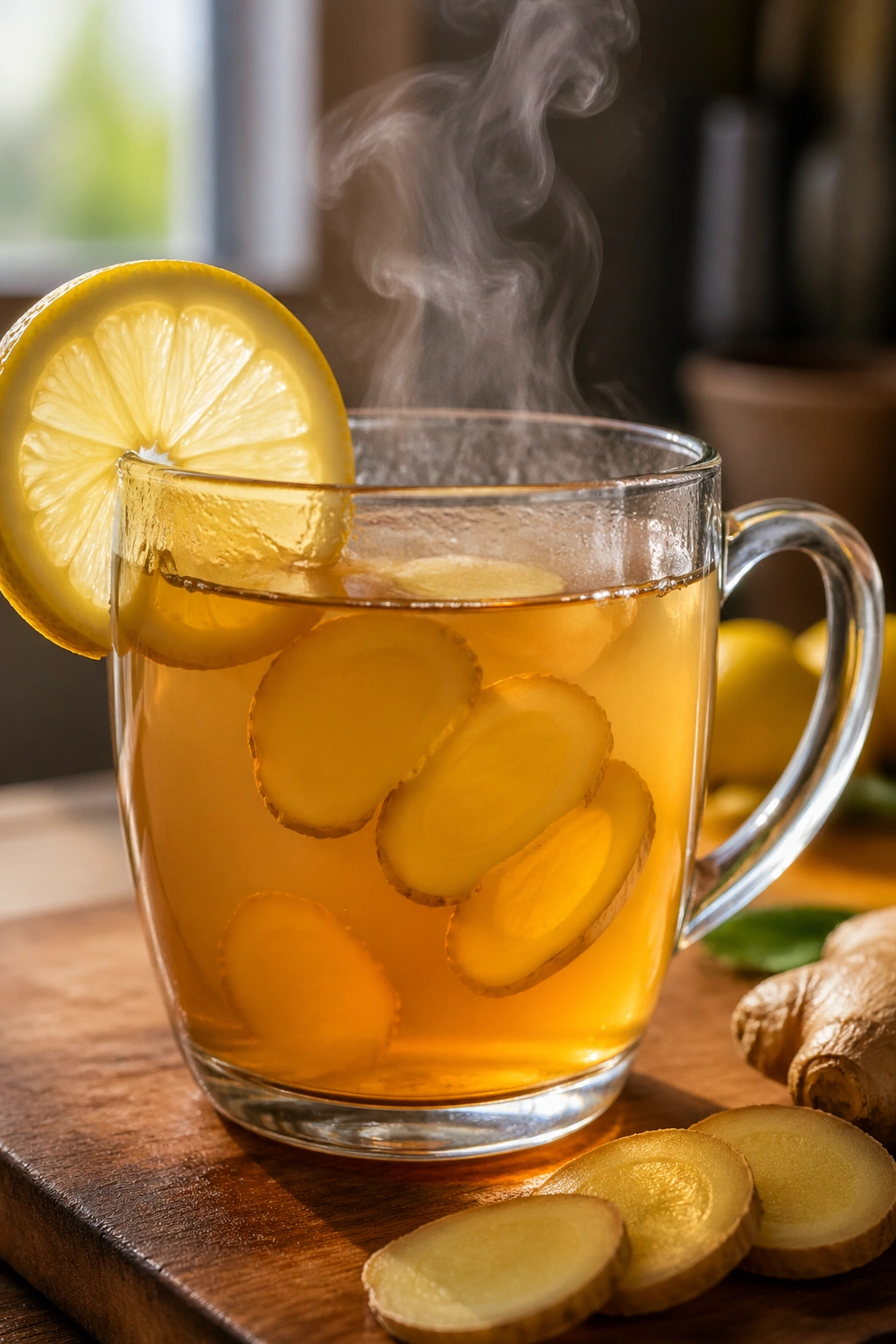 Close-up of a steaming mug of lemon-ginger tea with lemon garnish in a warm kitchen