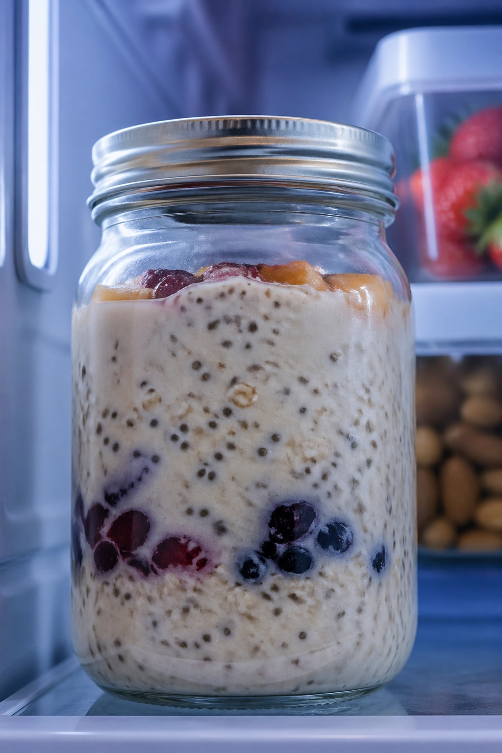 Jar of overnight oats inside a fridge