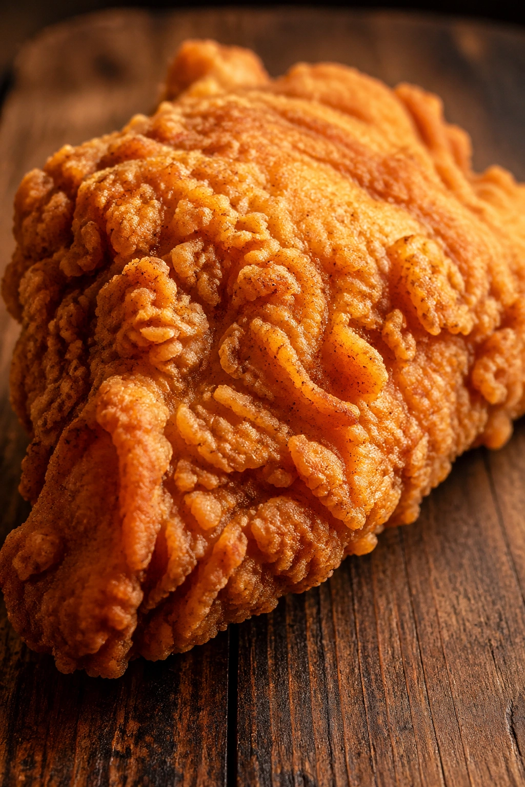 Close-up of a crispy fried chicken piece filling the frame