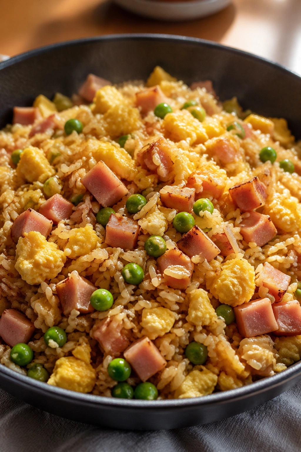 Fried rice with eggs, peas, and lean ham