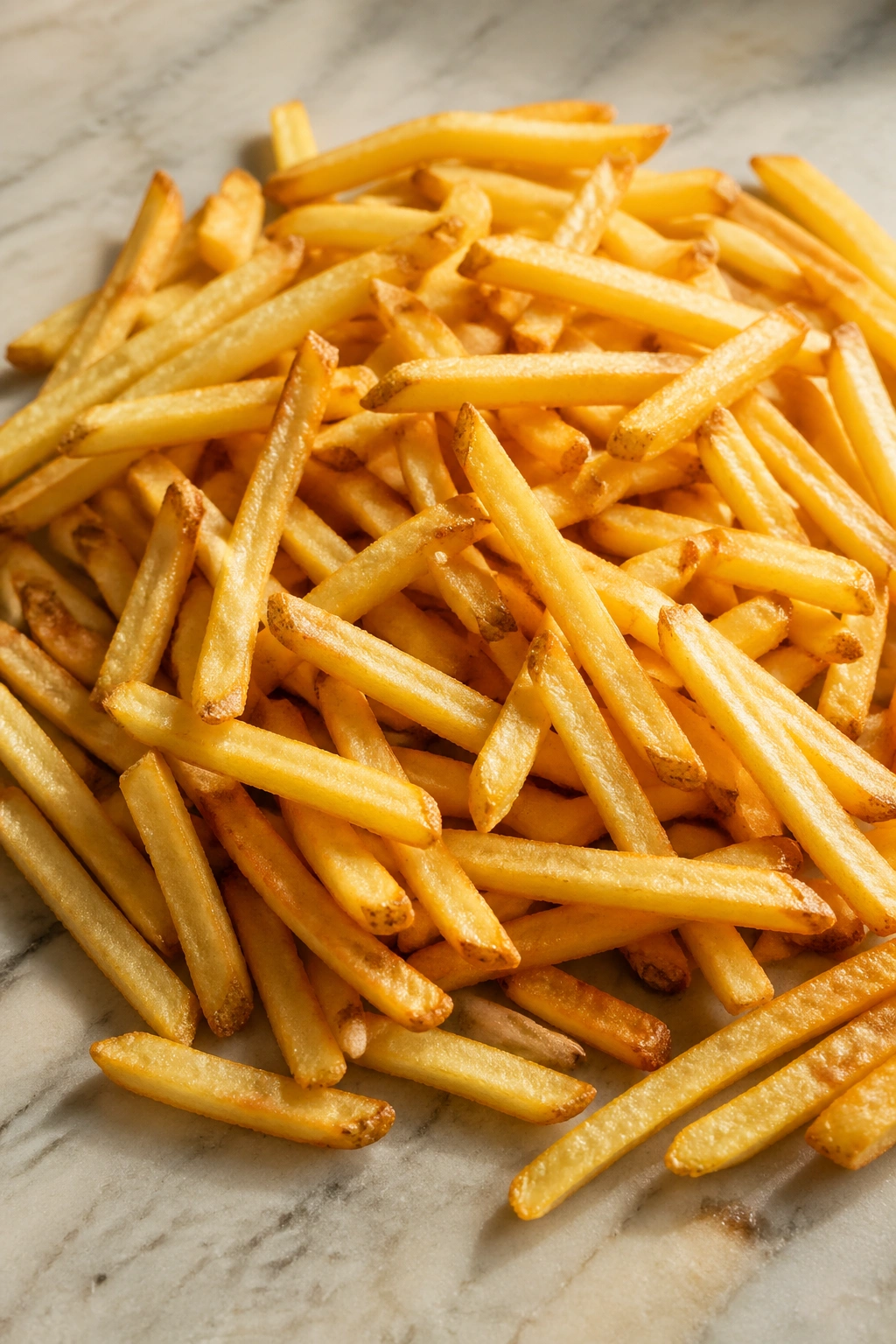 Close-up of golden French fries filling the frame on a stone surface