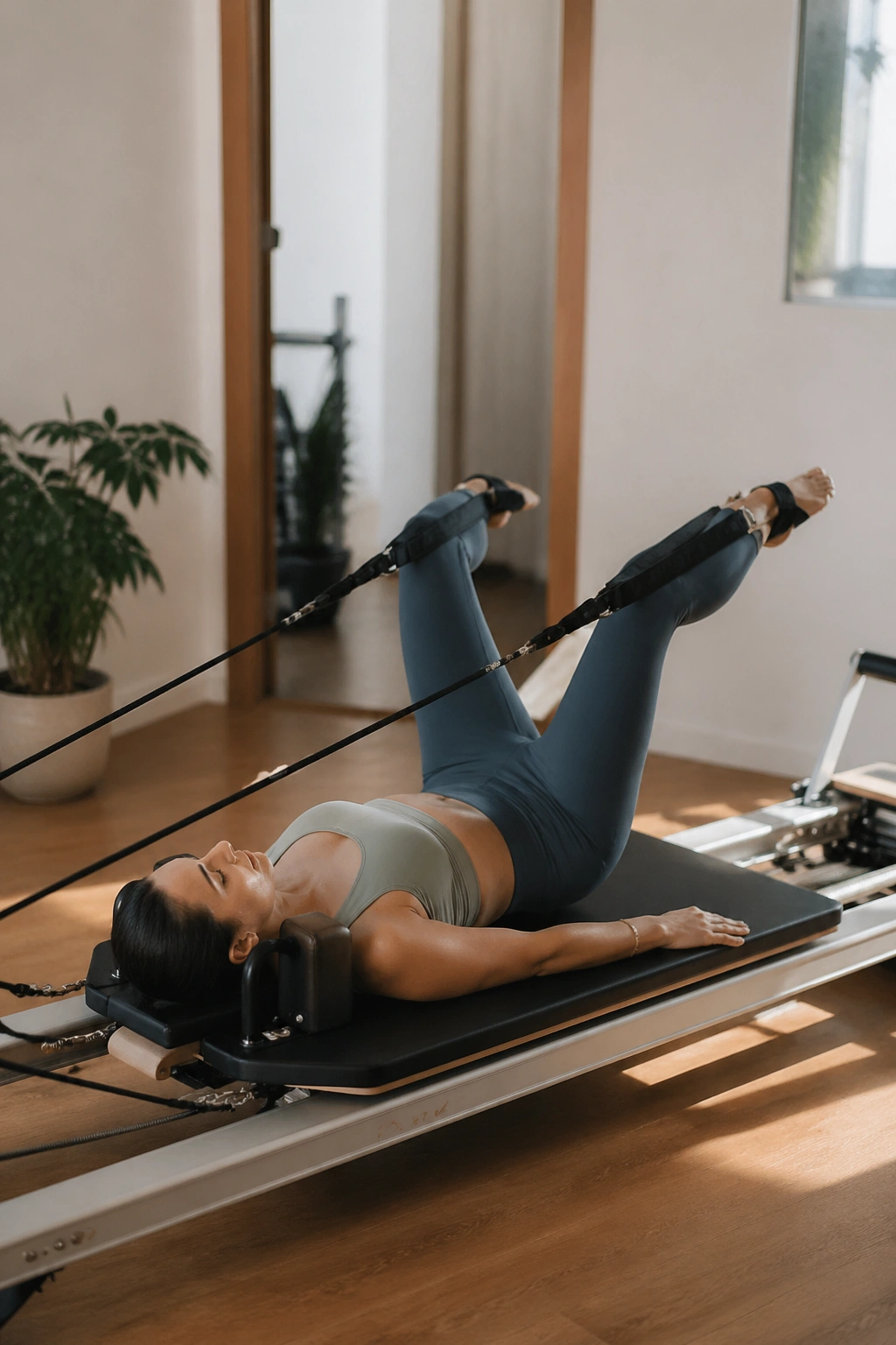 Real person performing frog kicks on reformer straps with pelvis quiet in a home studio