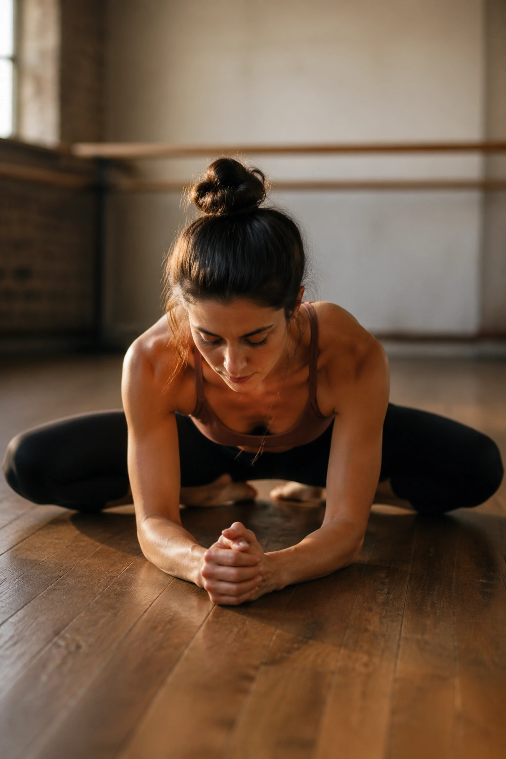 Dancer in frog pose on forearms in a warm studio