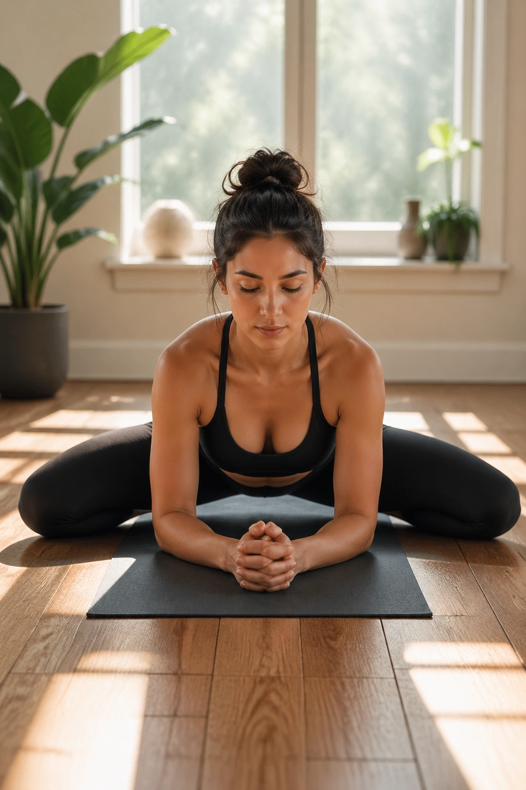 Person in Frog Pose opening the hips with knees wide and forearms on the mat.