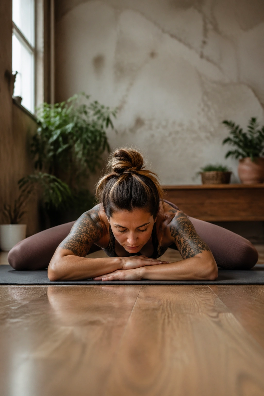Real person in Frog Pose with hips sinking and thighs stretched.