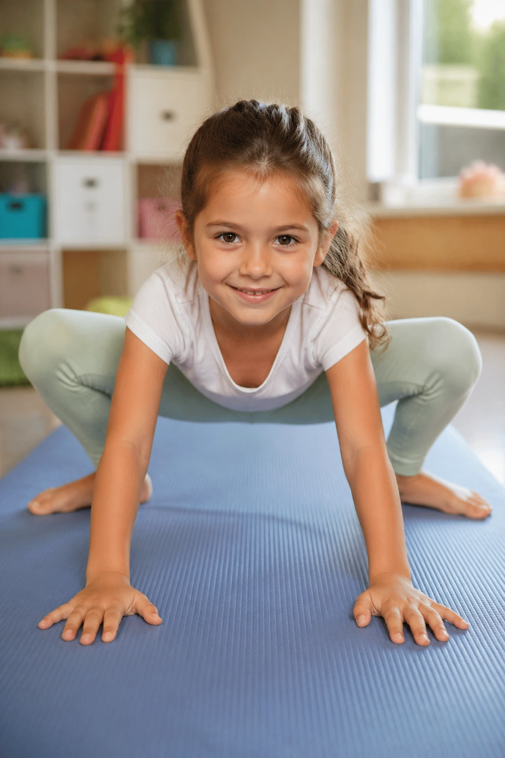 Child in Frog Pose on a yoga mat in a playroom