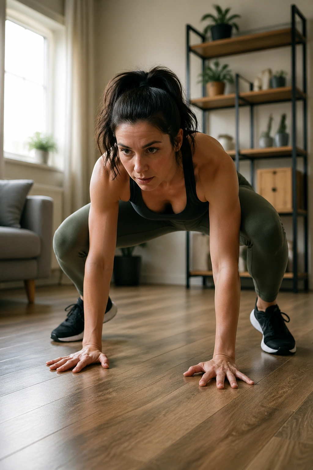 Person doing frogger jump circuits in a home
