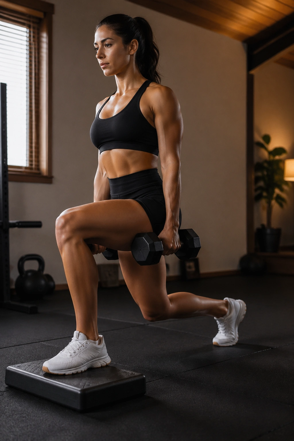 Medium close-up of a person performing a front-foot-elevated split squat with dumbbells at sides