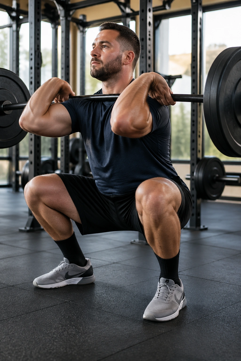 Front-loaded squat with barbell front rack performed by real person in gym