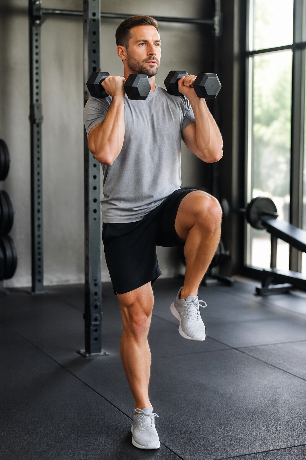 Real person performing front rack march with dumbbells at shoulders in a gym