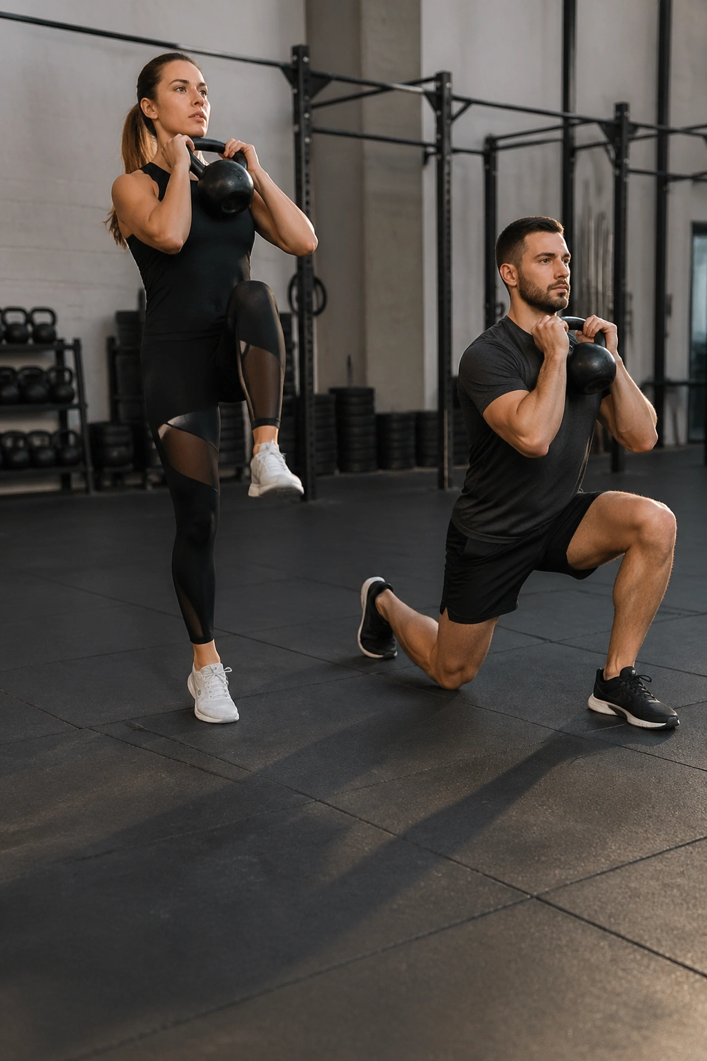 Lifter in front rack march and split squat with kettlebell.