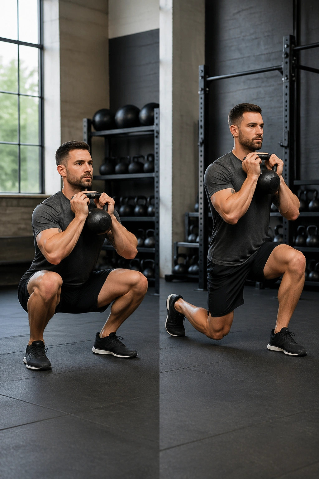Lifter in front rack position performing squat and reverse lunge