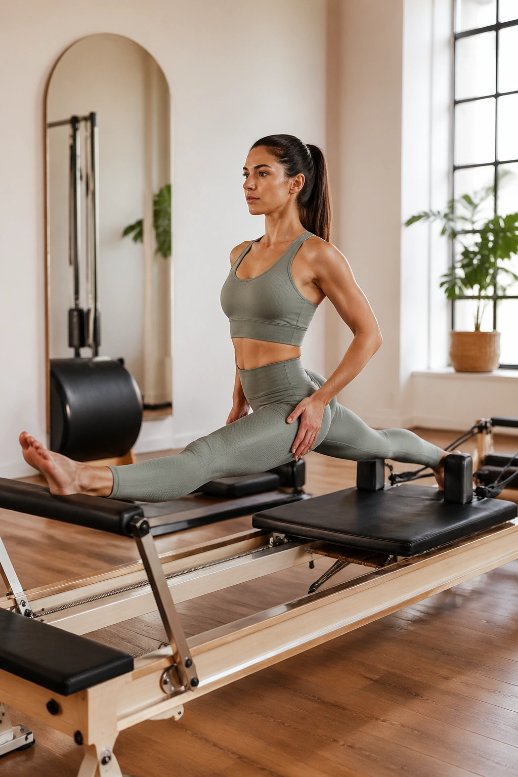 Real person in Front Splits on reformer with pelvis squared and trunk upright.