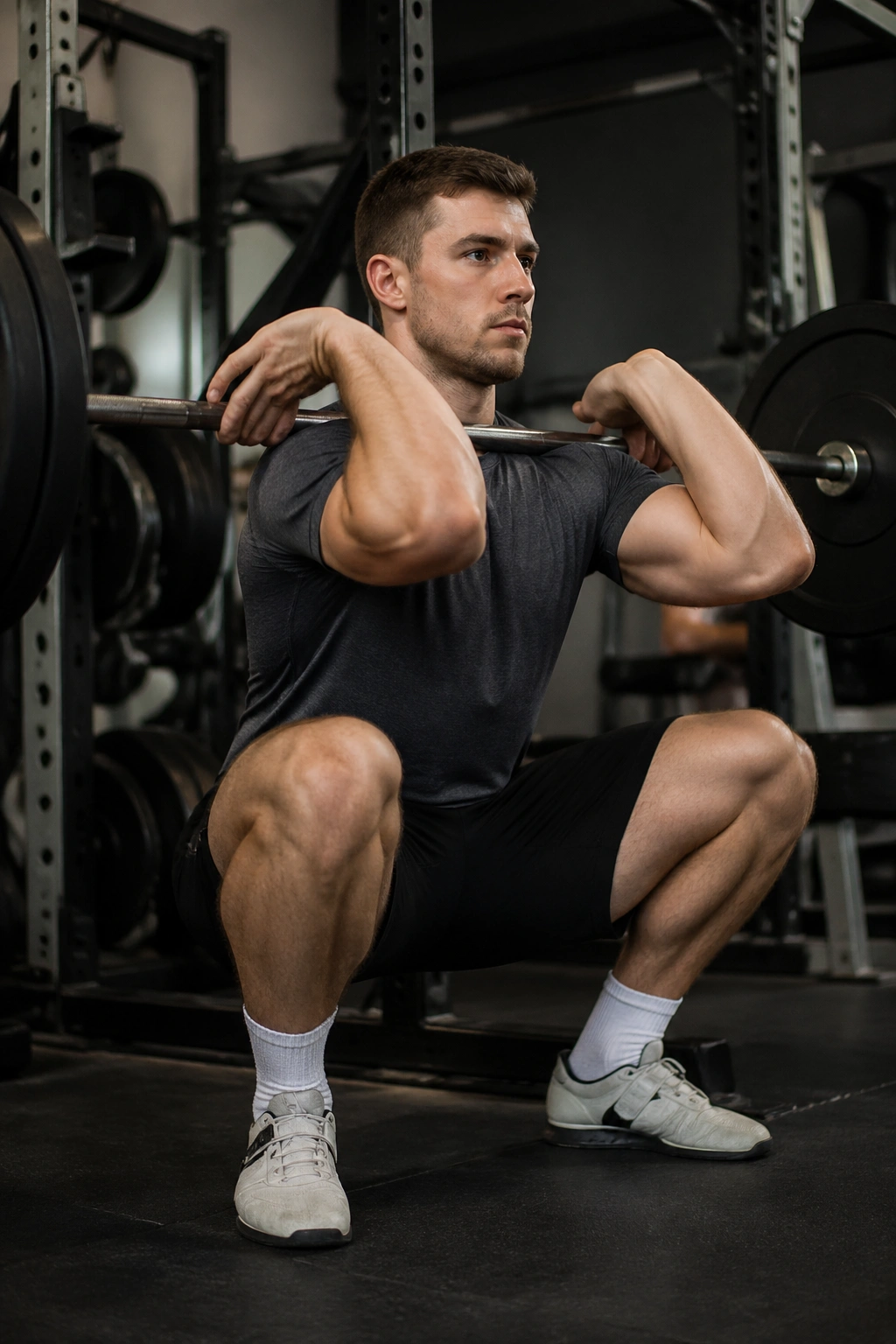 Lifter performing Front Squat with bar on shoulders