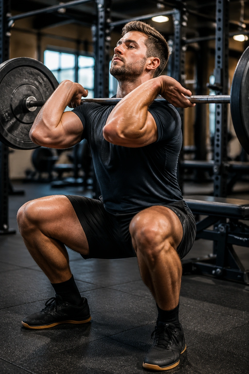 Lifter performing front squat with barbell in a gym, bench visible in background