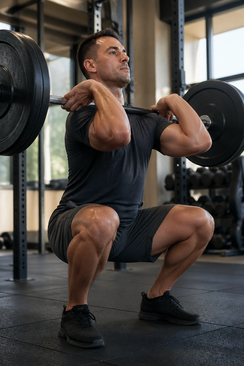 Portrait of lifter performing front squat with bar in front rack