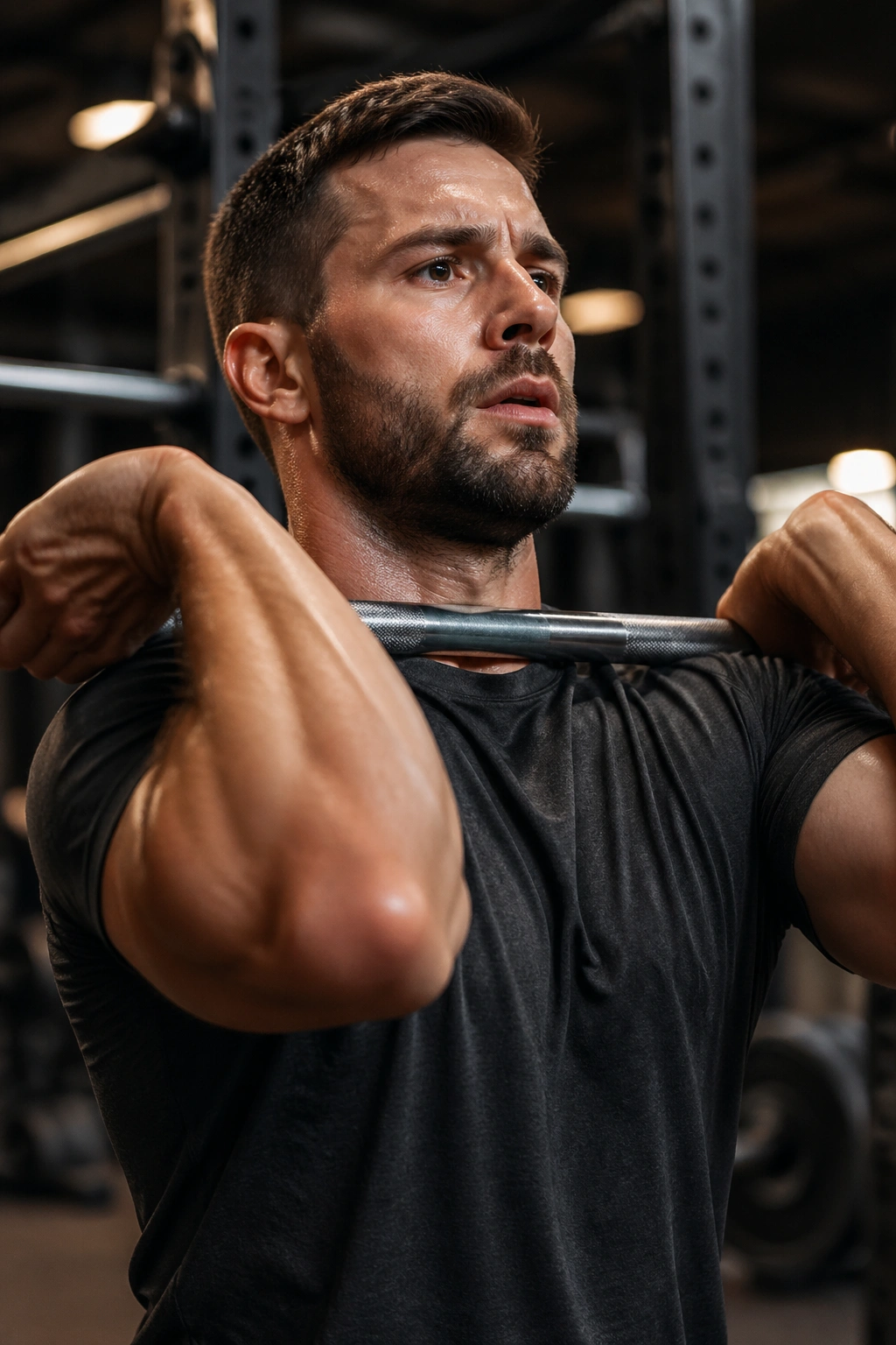 Close-up of lifter performing front squat with barbell on shoulders in gym