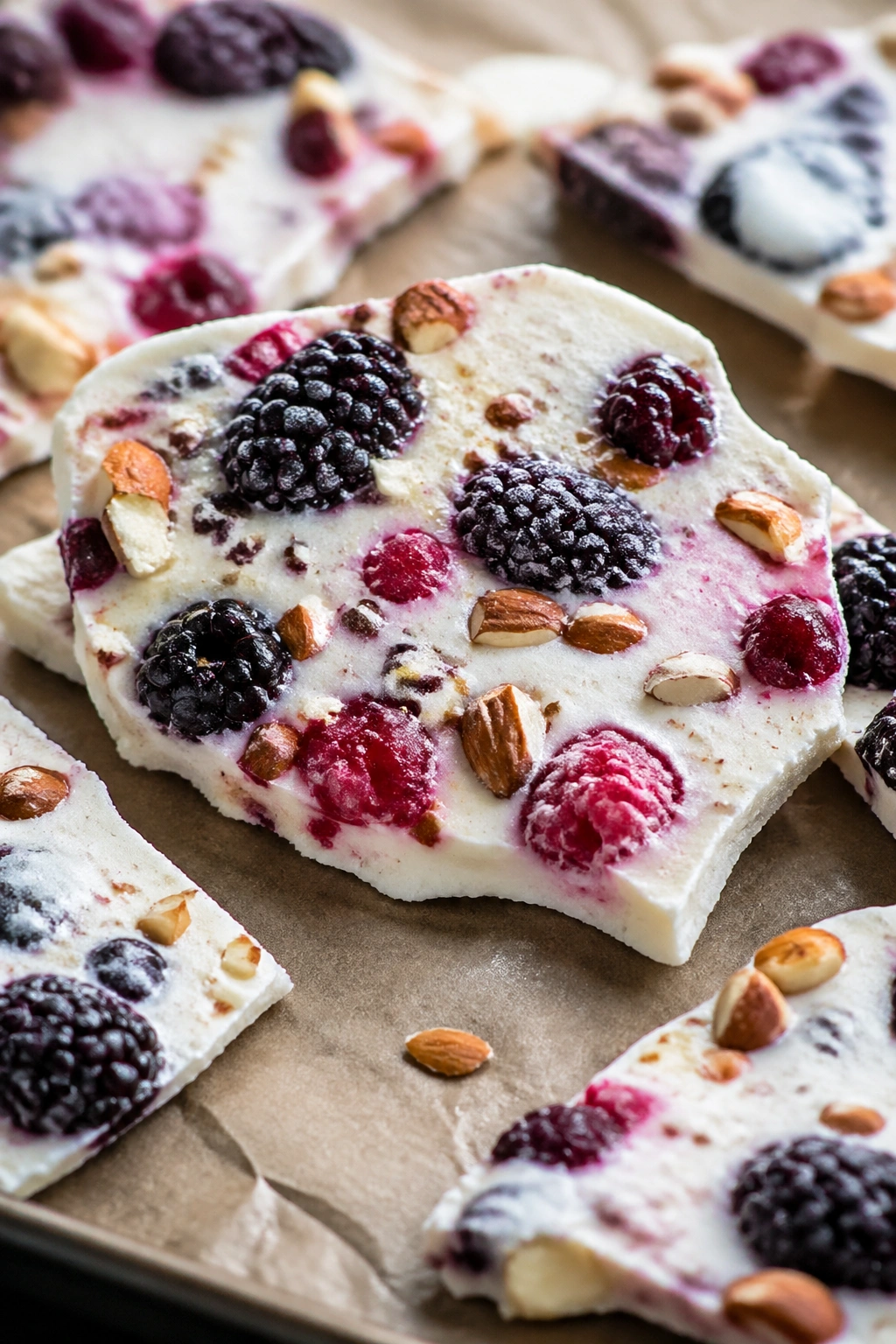 Close-up of frozen soy yogurt bark with berries on parchment