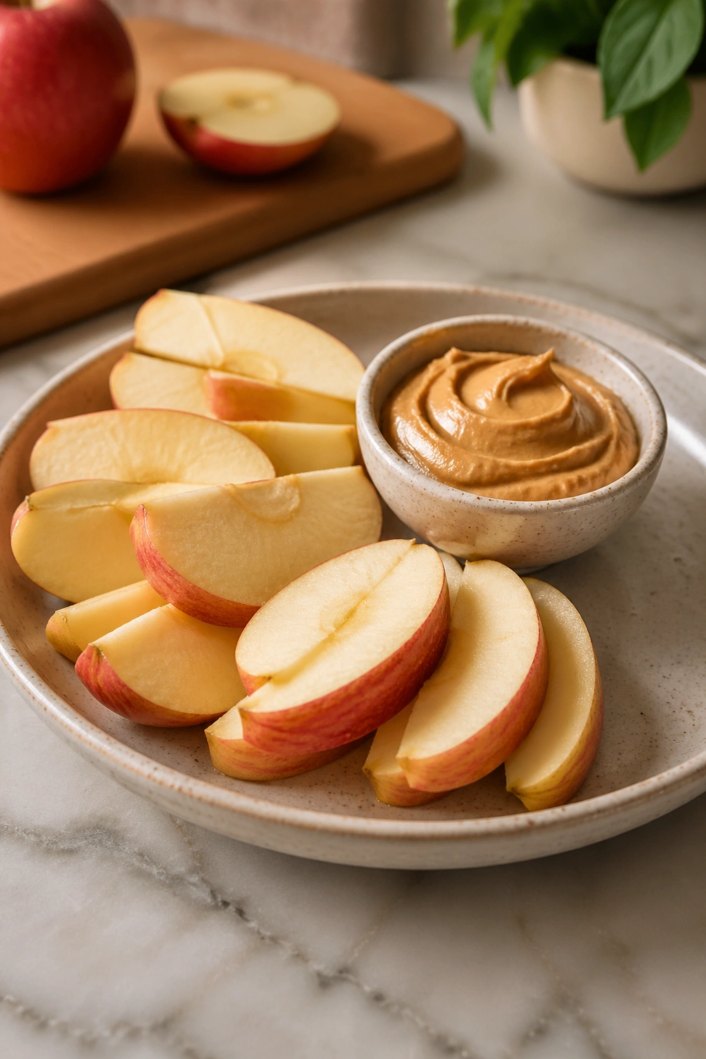 Plate of fruit with protein (apple slices and peanut butter) as a snack option