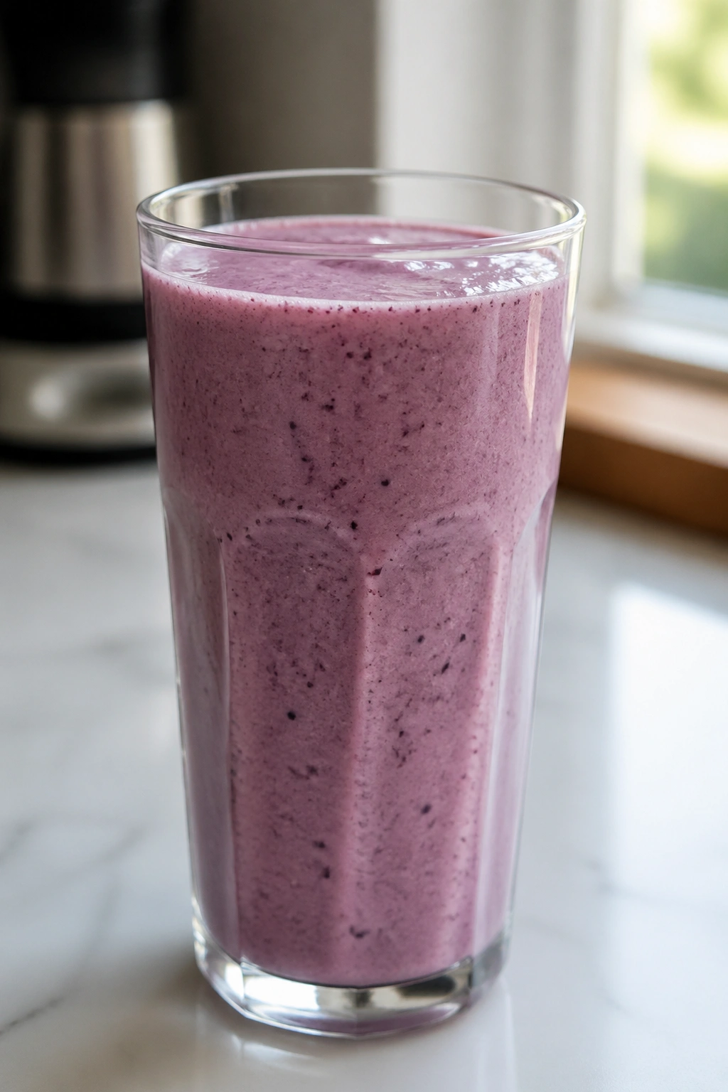 Medium close-up of a glass of fruit smoothie with whey on a kitchen counter