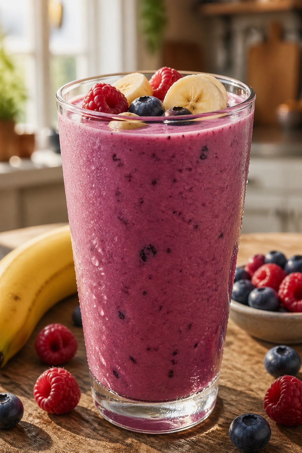 Close-up of a vibrant fruit smoothie in a tall glass on a wooden kitchen counter with natural light.