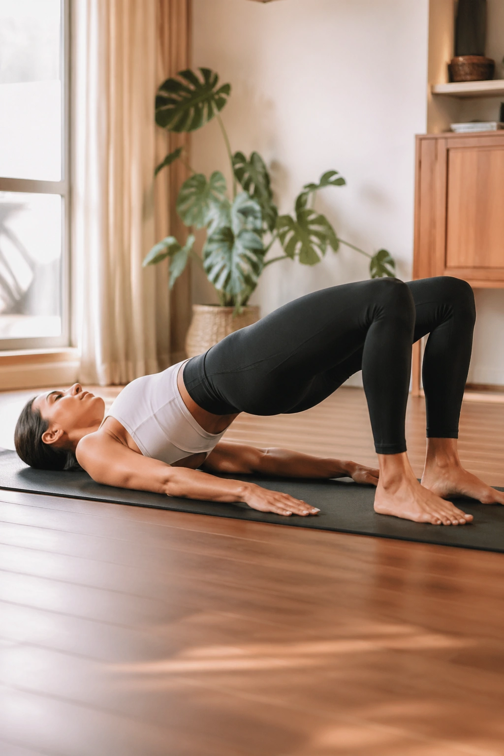Portrait of a person performing a bridge on a Pilates mat