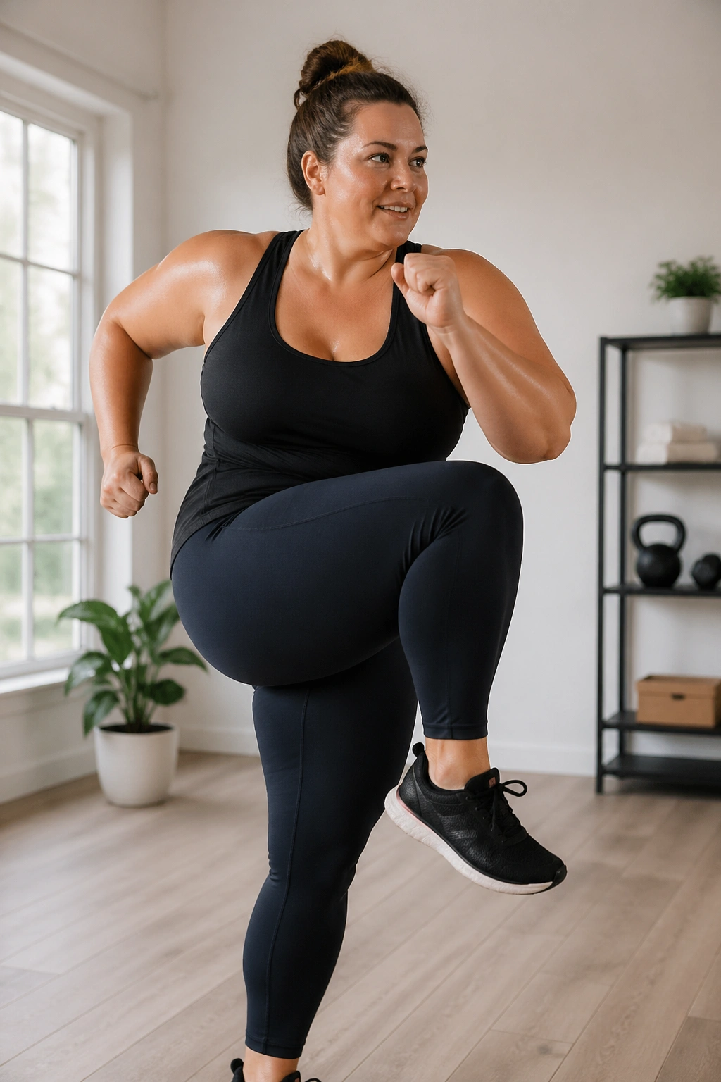 Person doing a full-body circuit in a home workout space