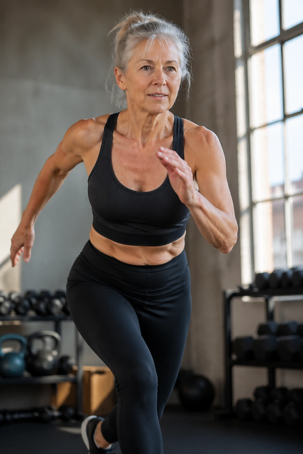 Close-up of a fit woman over 50 performing a full-body circuit move in a gym