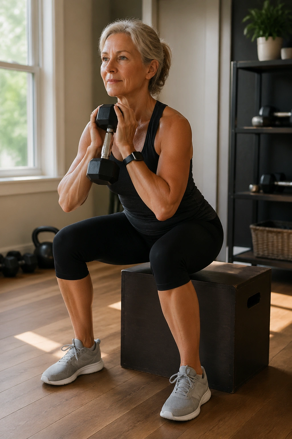 Real woman performing goblet squat to box in a home gym
