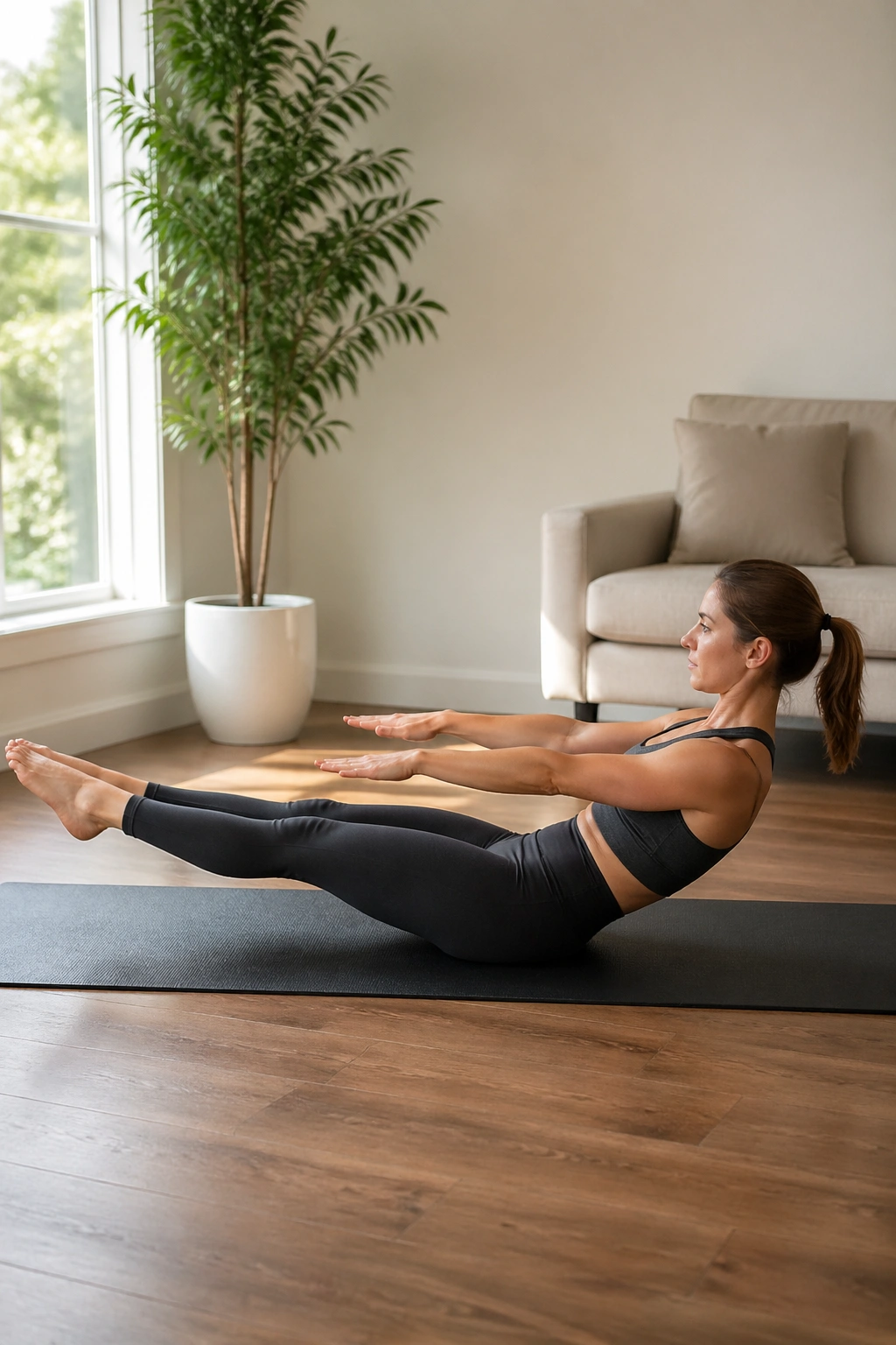 Person performing a roll-up on a yoga mat as part of a full-body mat circuit