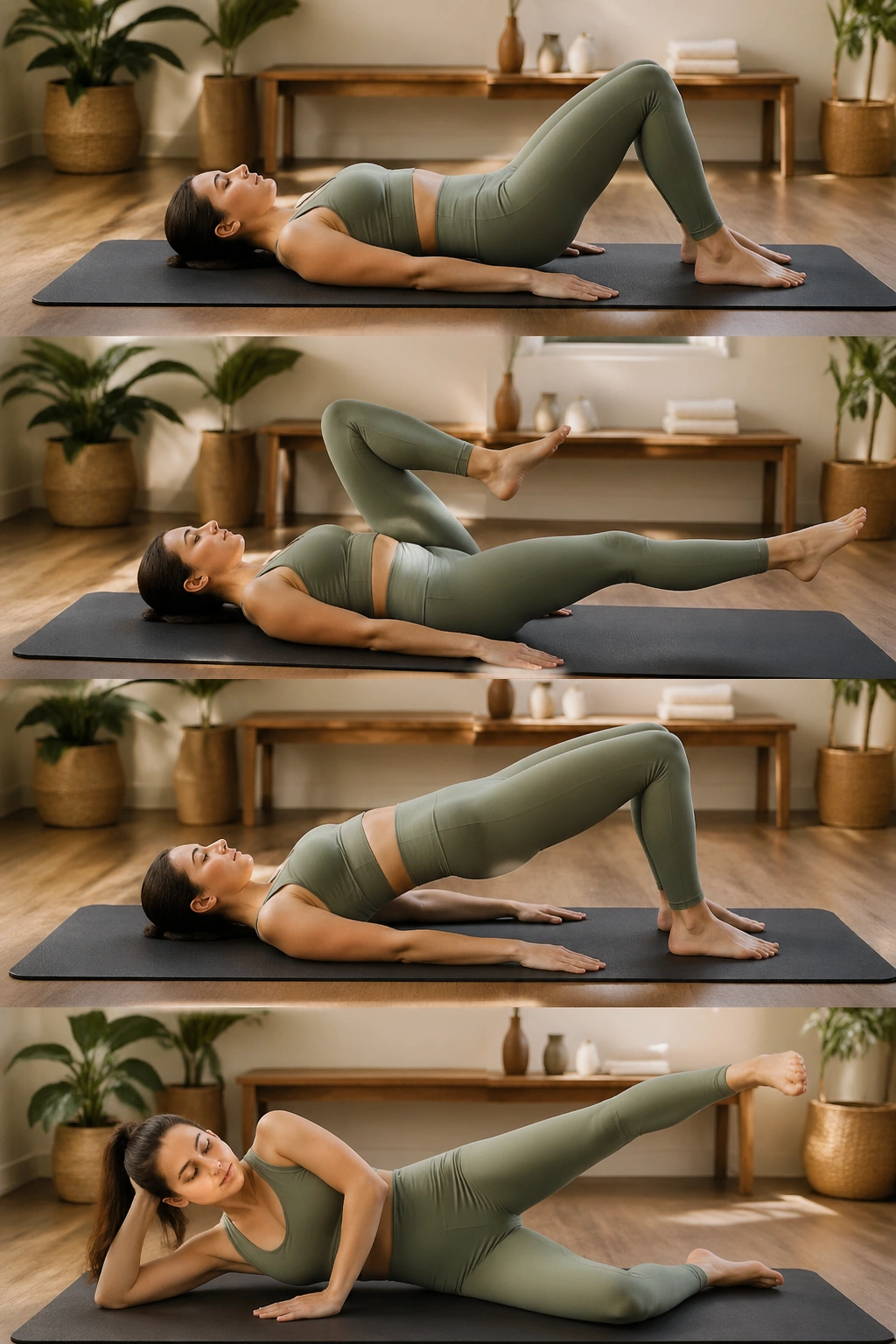 Medium shot of a person performing a full-body beginner mat flow sequence on a Pilates mat.