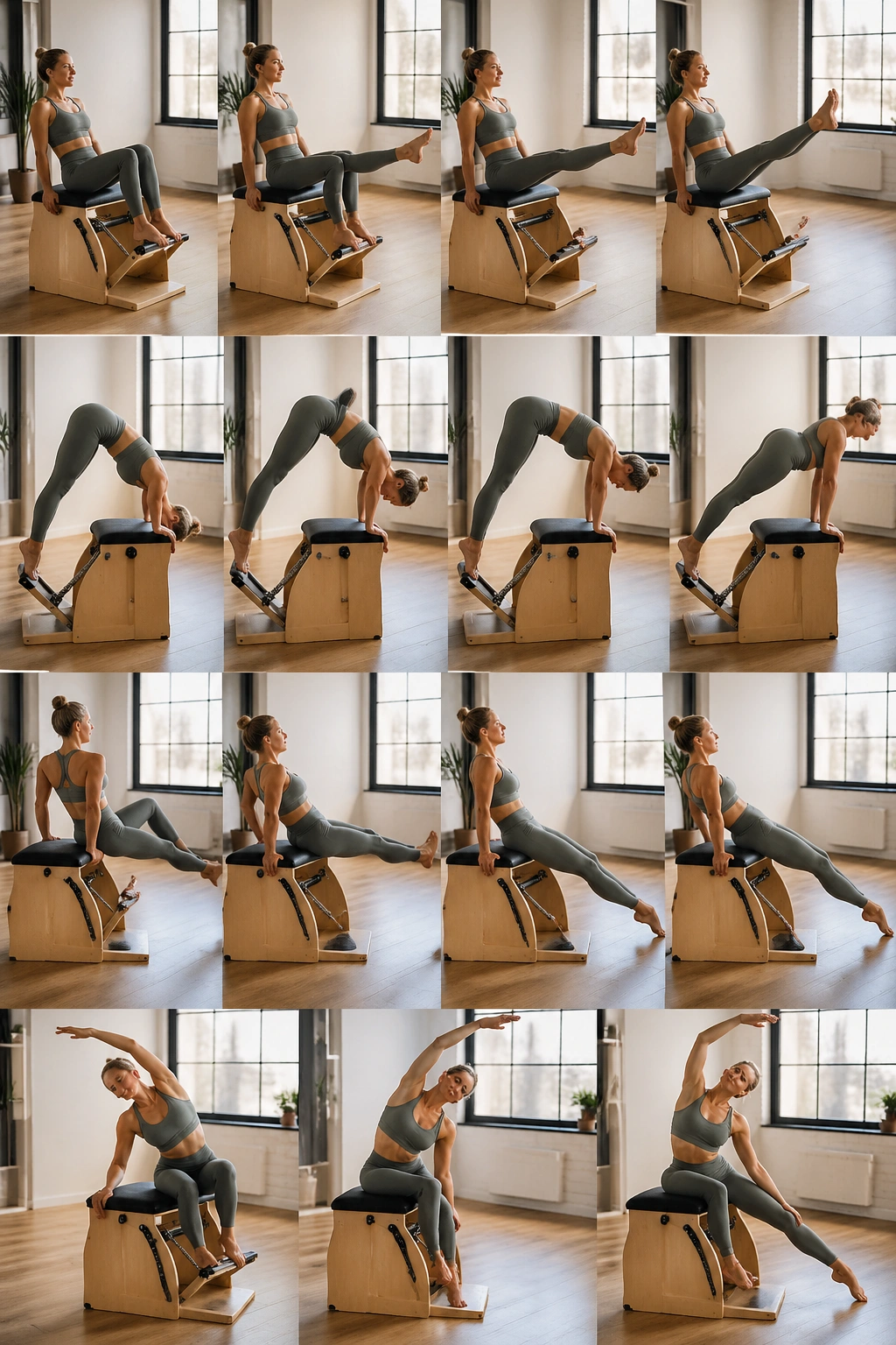 Real person performing a full-body strength flow on a Wunda Chair.