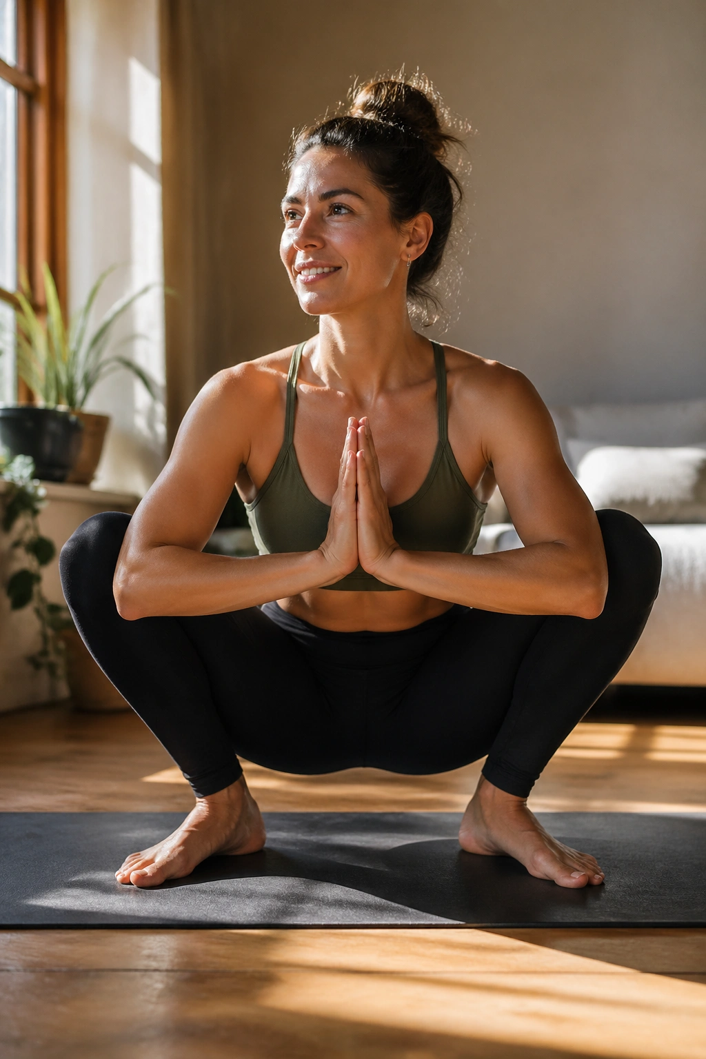 Real person in garland pose performing a deep squat with heels down and chest lifted.