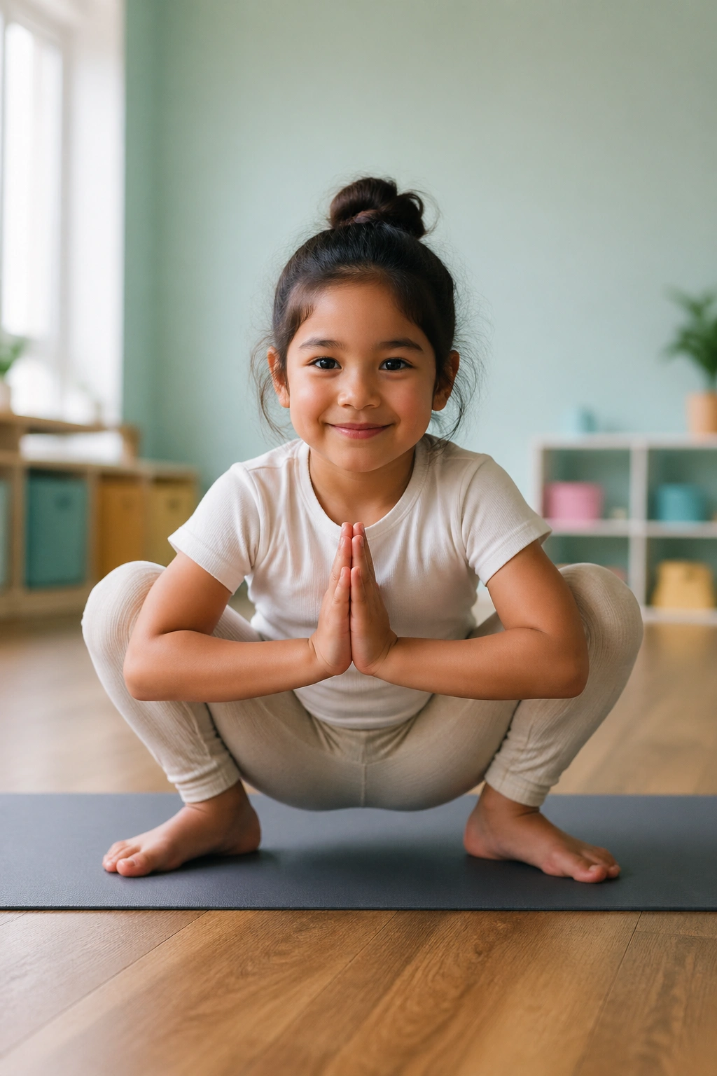 Real child in Garland Pose squat with knees wide and chest up on classroom mat