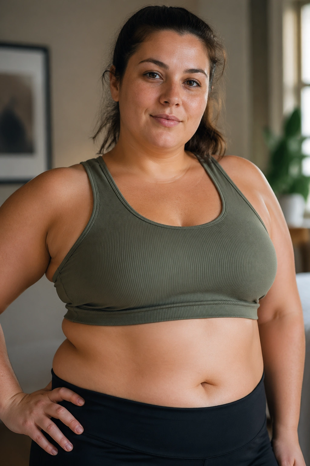 Portrait of a woman showing abdominal fat distribution