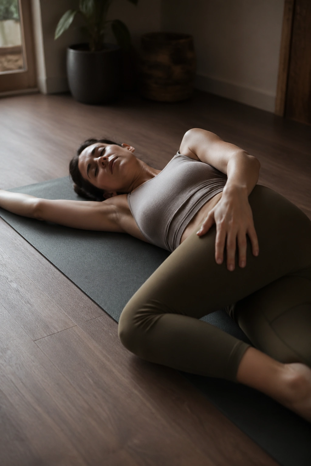 Gentle recovery flow on a mat with slow twists in a softly lit room