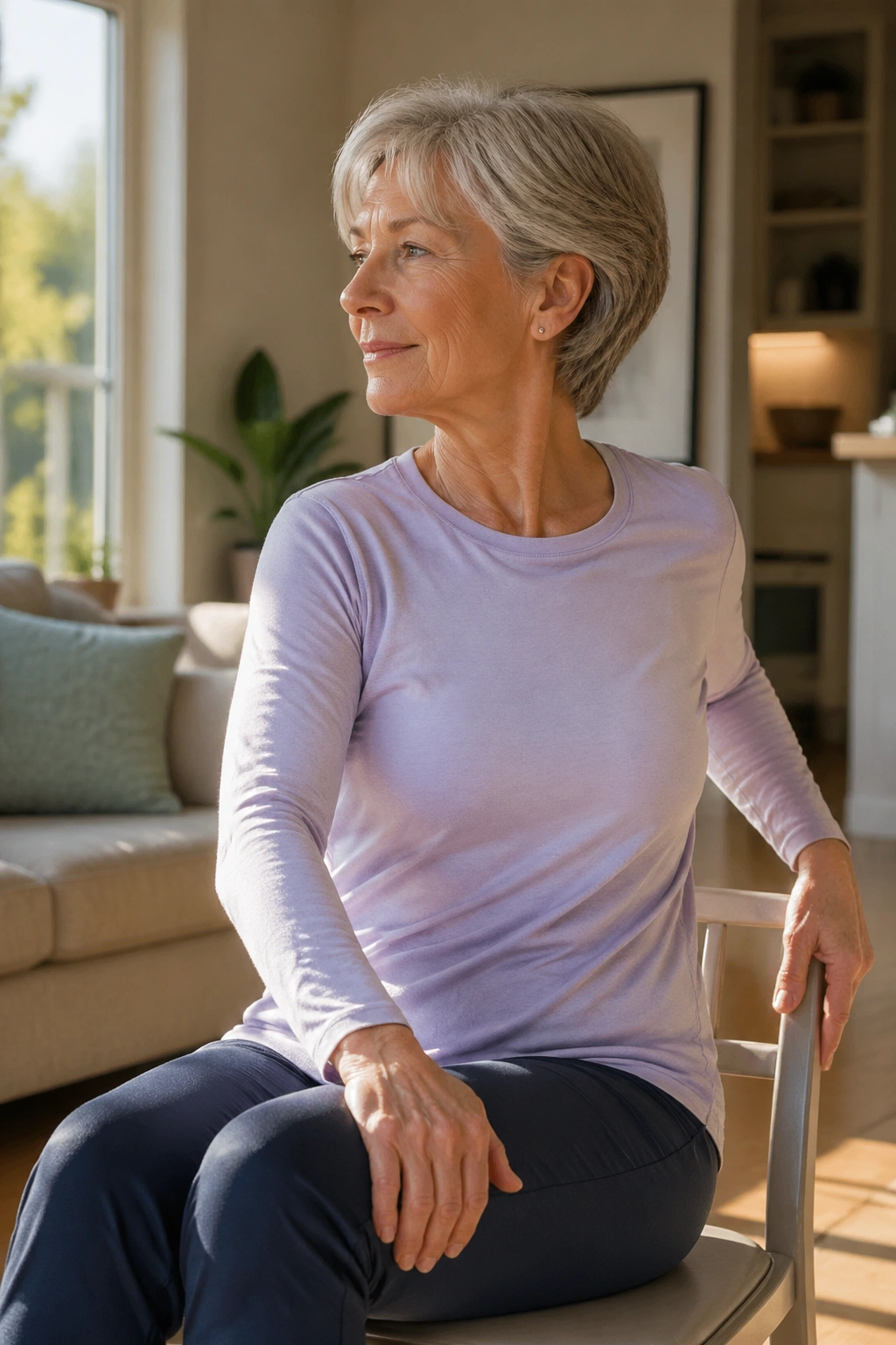 Senior woman performing gentle seated twist in a cozy living room chair