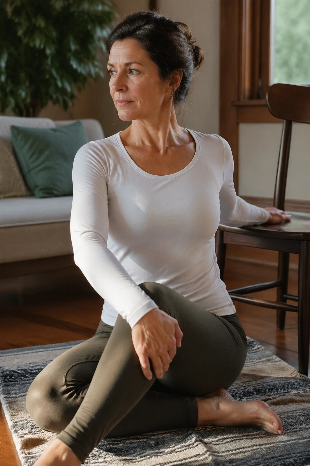 Close-up of a real person performing a small seated twist for spinal ease