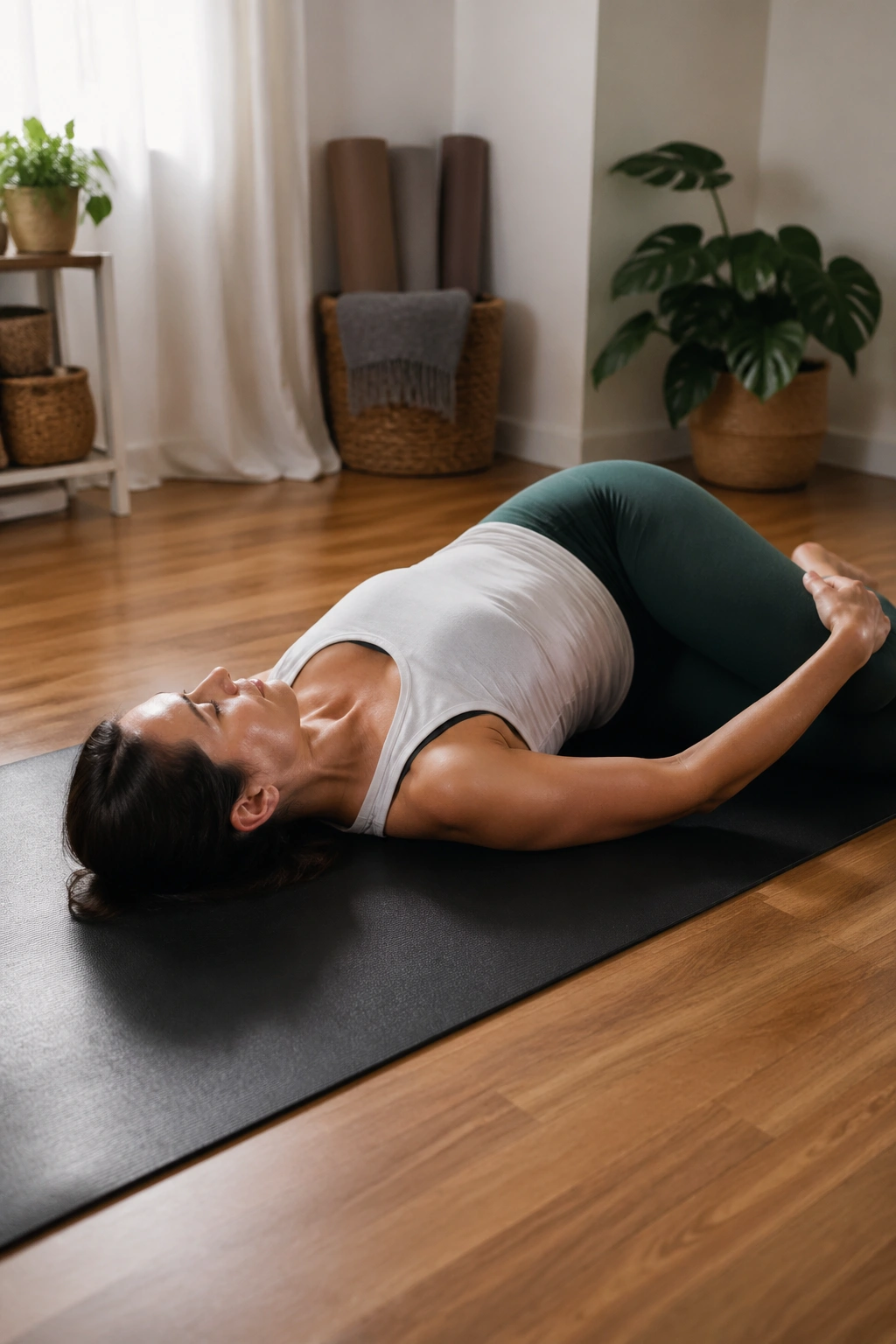 Real person performing a gentle spinal twist on back