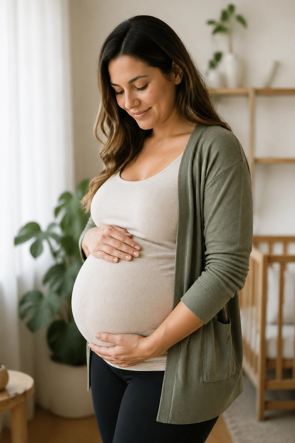 Pregnant woman standing with hands on belly in a bright home