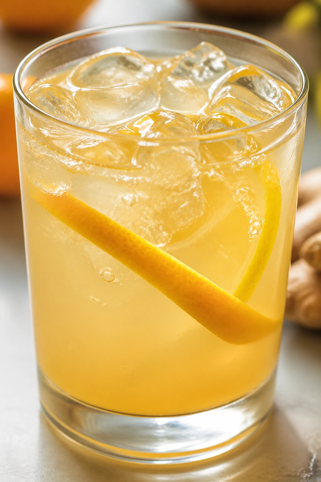 Glass of ginger citrus tonic with ice on a bright kitchen counter