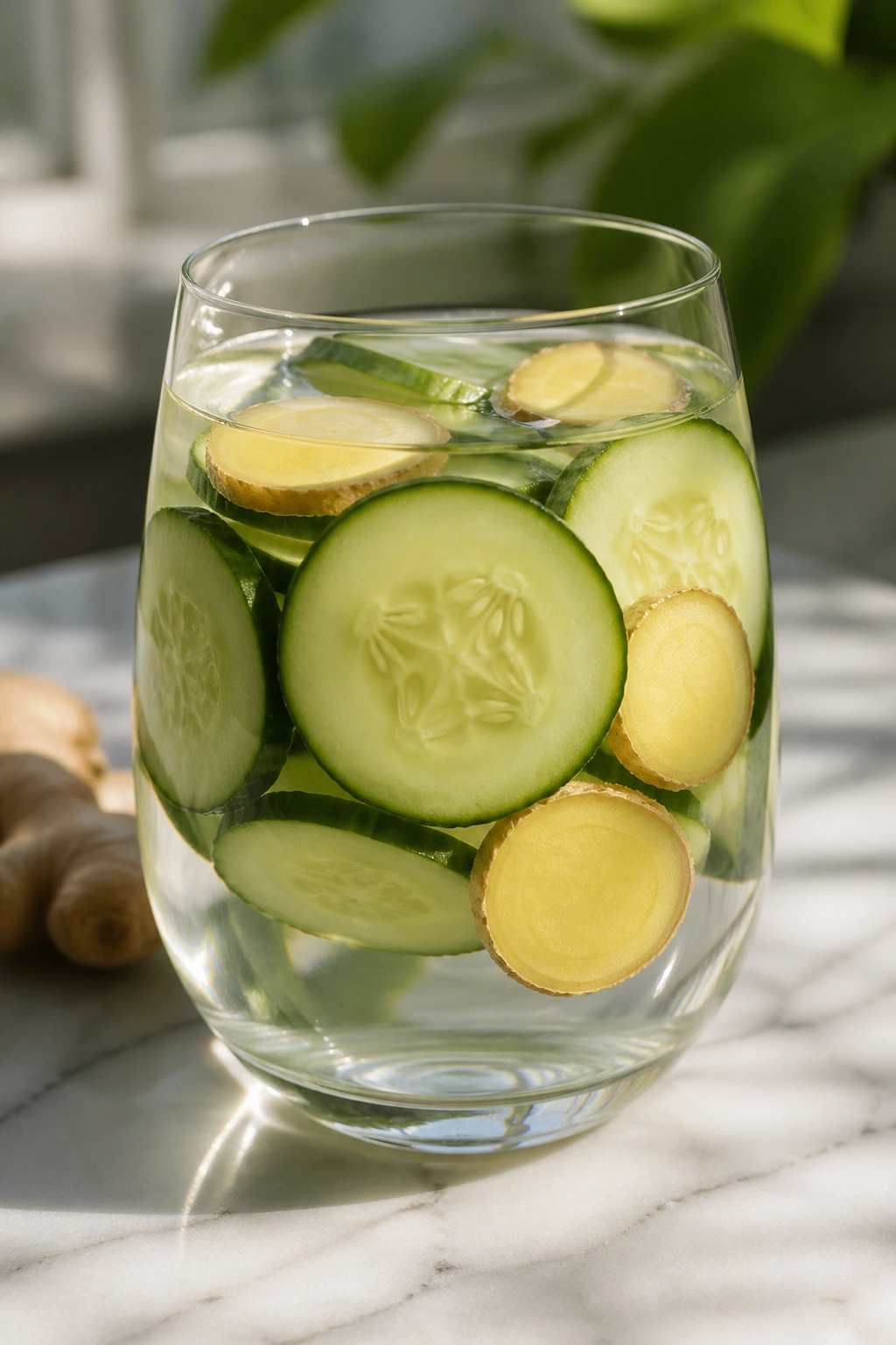 Close-up of cucumber water with ginger slices inducing sharper taste