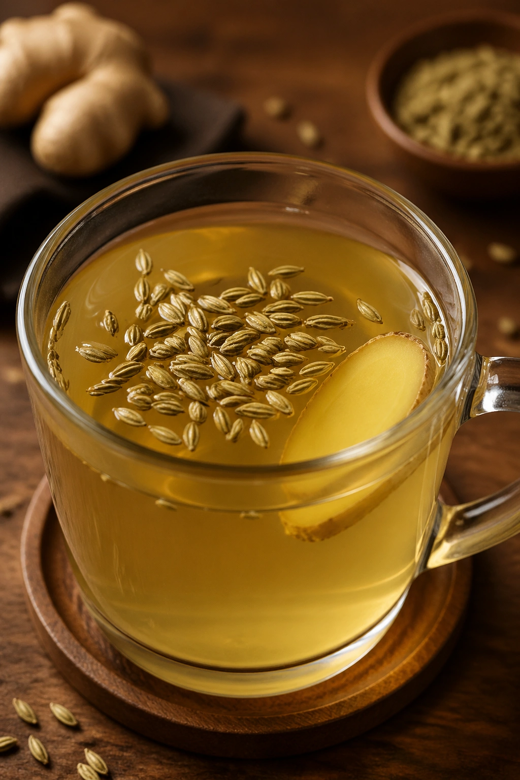Close-up of a mug of fennel ginger tea for post-dinner digestion
